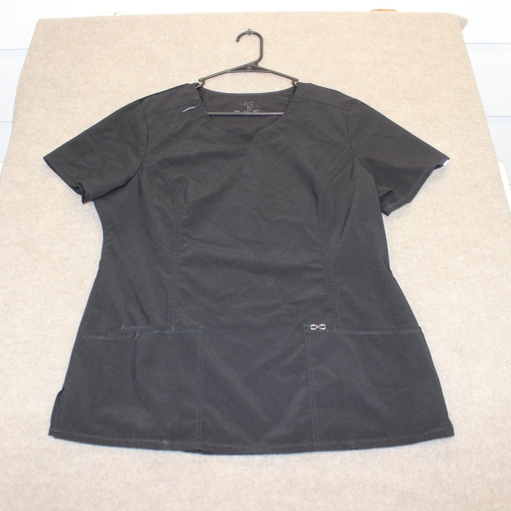 Cherokee Infinity Black V-Neck Scrub Top Womens Large Short Sleeve Rib Knit Back